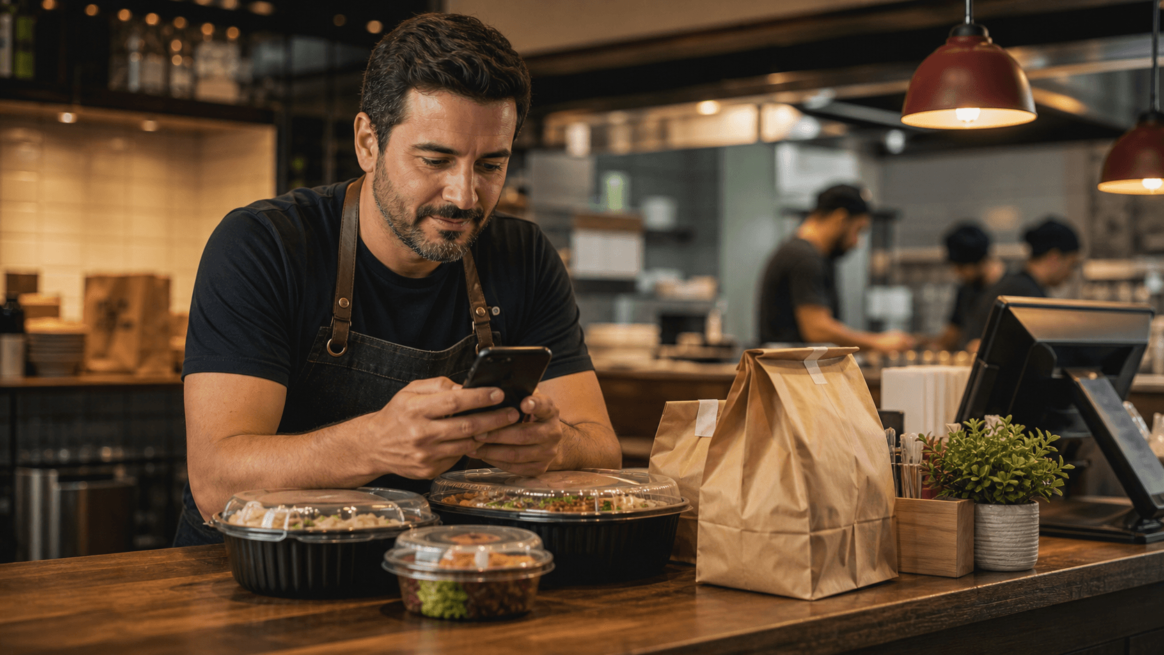 Dono de restaurante preparando uma campanha no celular com pedidos de delivery no balcao