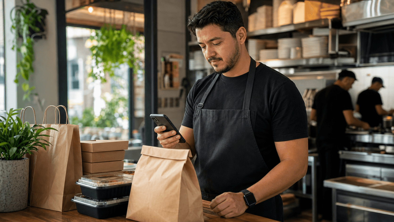 Operador de restaurante usando celular ao lado de pedidos embalados para delivery