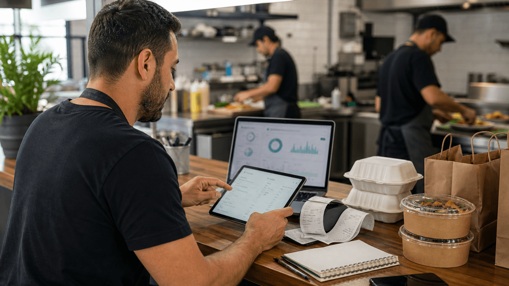 Restaurante analisando historico de pedidos em tablet com embalagens de delivery ao lado